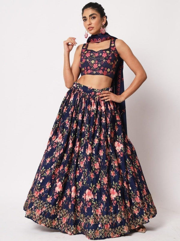 Glamorous Navy Blue Floral Printed Silk Wedding Wear Lehenga Choli