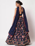 Glamorous Navy Blue Floral Printed Silk Wedding Wear Lehenga Choli - Zeel Clothing