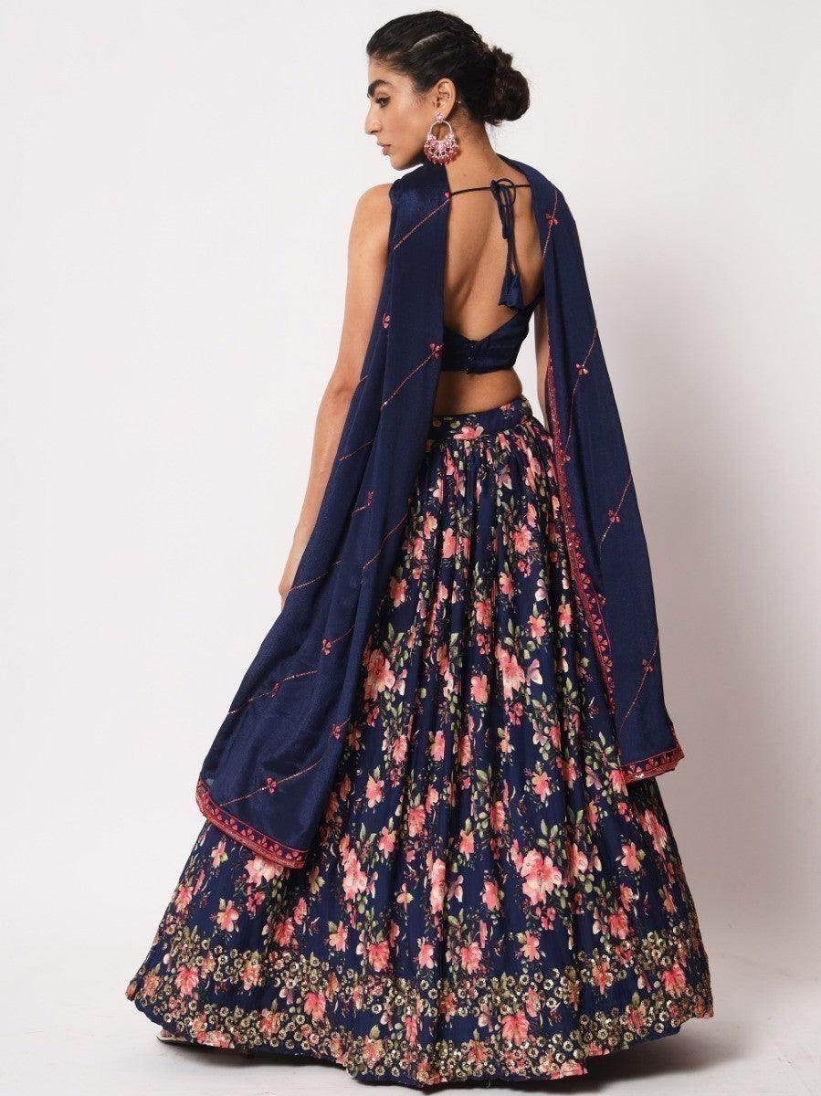 Glamorous Navy Blue Floral Printed Silk Wedding Wear Lehenga Choli - Zeel Clothing