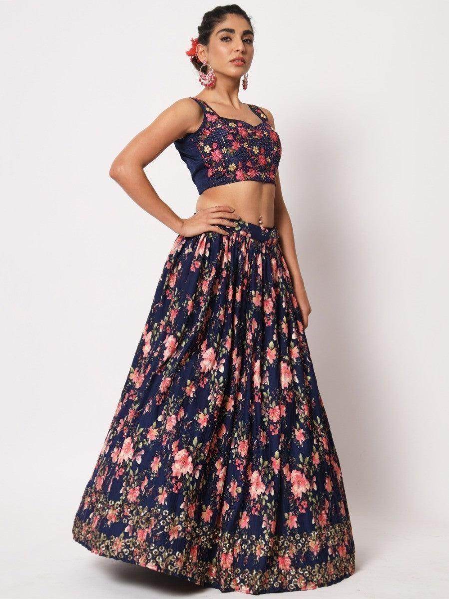 Glamorous Navy Blue Floral Printed Silk Wedding Wear Lehenga Choli - Zeel Clothing
