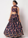 Glamorous Navy Blue Floral Printed Silk Wedding Wear Lehenga Choli - Zeel Clothing