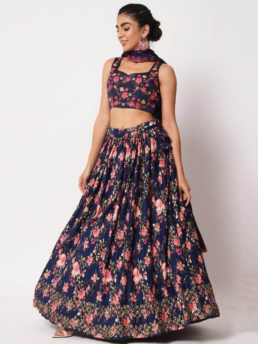 Glamorous Navy Blue Floral Printed Silk Wedding Wear Lehenga Choli - Zeel Clothing