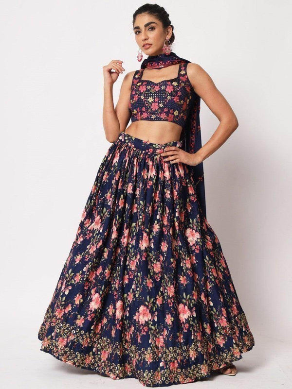 Glamorous Navy Blue Floral Printed Silk Wedding Wear Lehenga Choli - Zeel Clothing