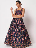 Glamorous Navy Blue Floral Printed Silk Wedding Wear Lehenga Choli - Zeel Clothing