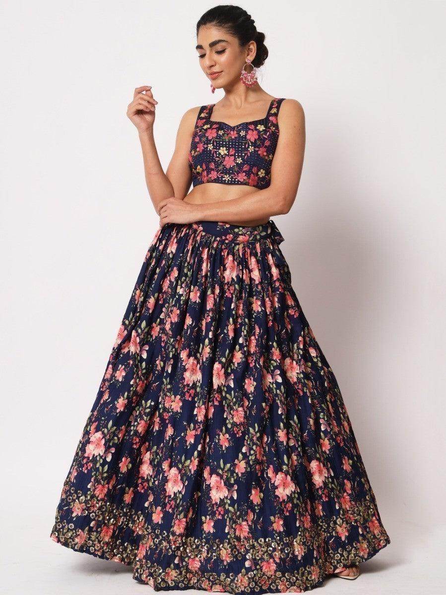 Glamorous Navy Blue Floral Printed Silk Wedding Wear Lehenga Choli - Zeel Clothing