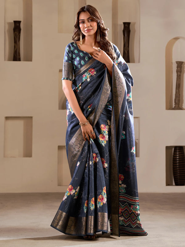 Glamorous Navy Blue Printed Silk Function Wear Saree With Blouse - Zeel Clothing