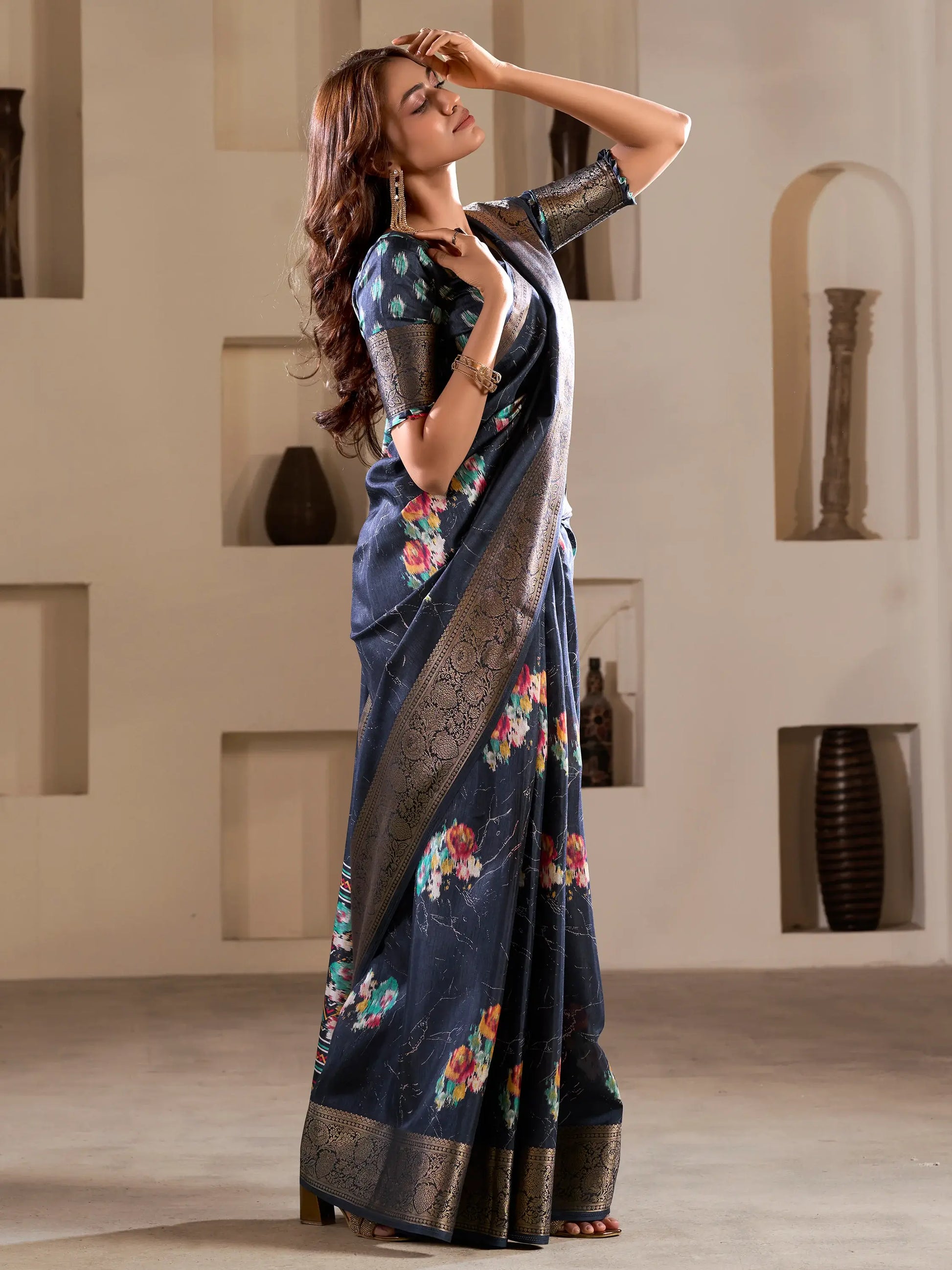 Glamorous Navy Blue Printed Silk Function Wear Saree With Blouse - Zeel Clothing