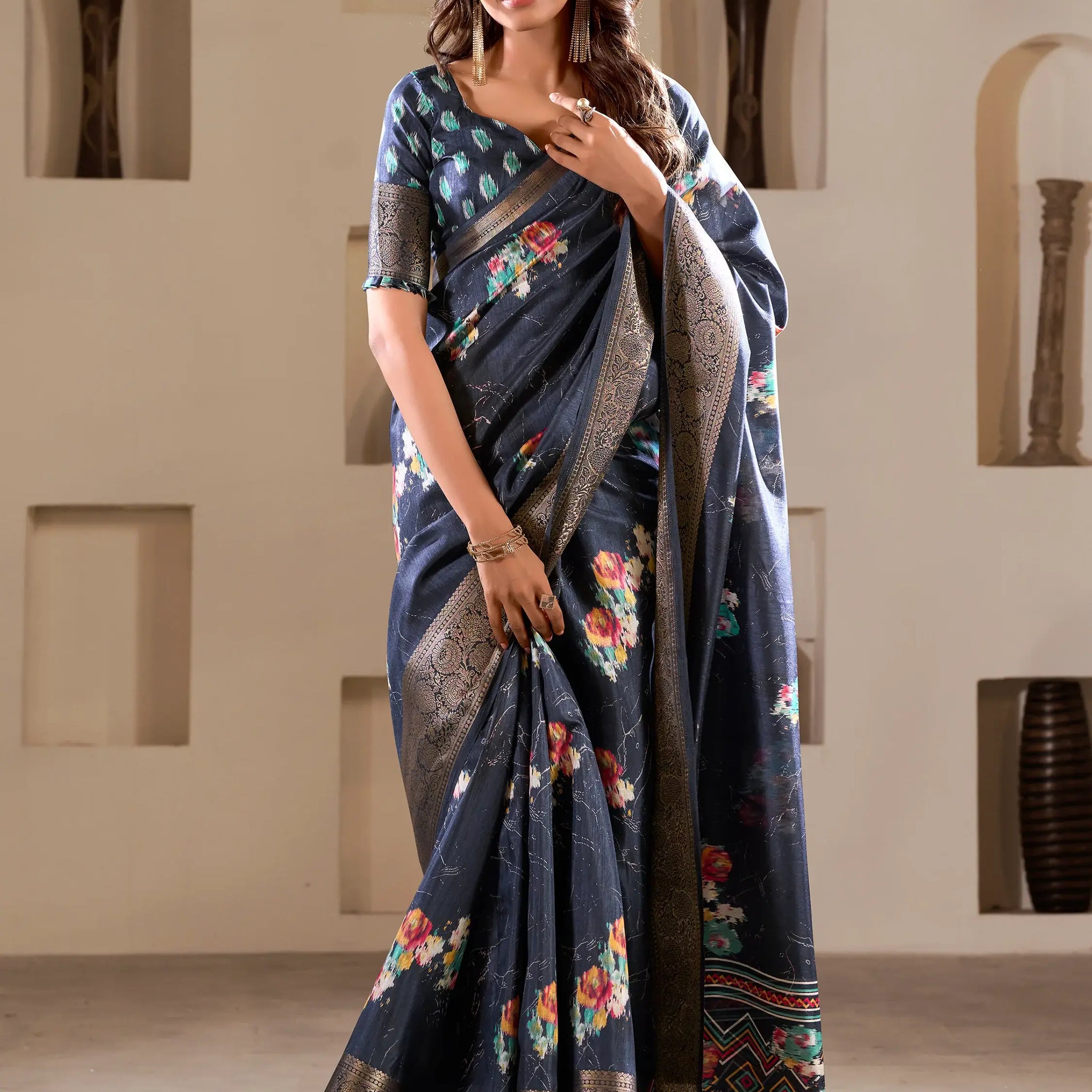 Glamorous Navy Blue Printed Silk Function Wear Saree With Blouse - Zeel Clothing