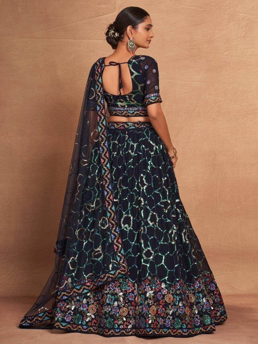 Glamorous Navy-Blue Sequins Georgette Reception Wear Lehenga Choli - Zeel Clothing