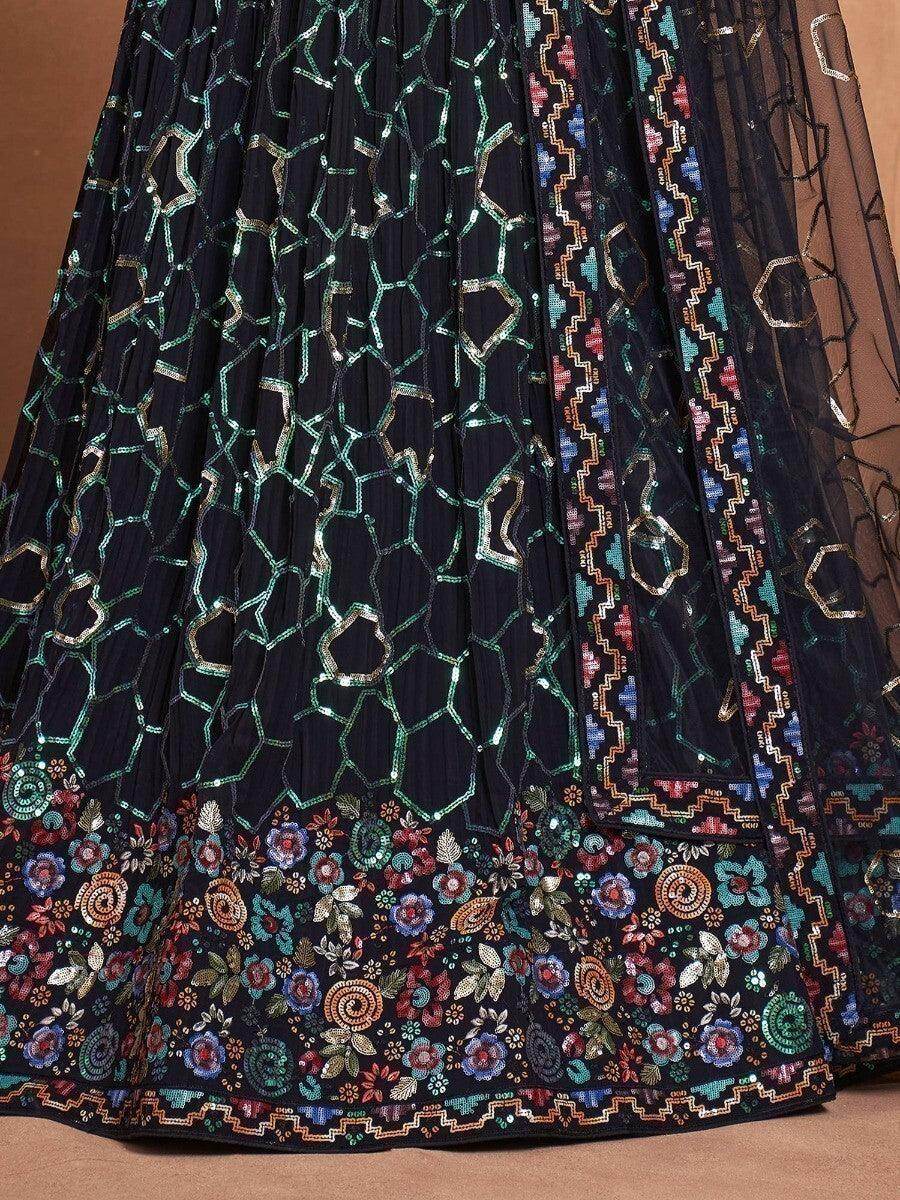 Glamorous Navy-Blue Sequins Georgette Reception Wear Lehenga Choli - Zeel Clothing