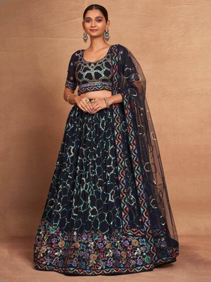 Glamorous Navy-Blue Sequins Georgette Reception Wear Lehenga Choli - Zeel Clothing