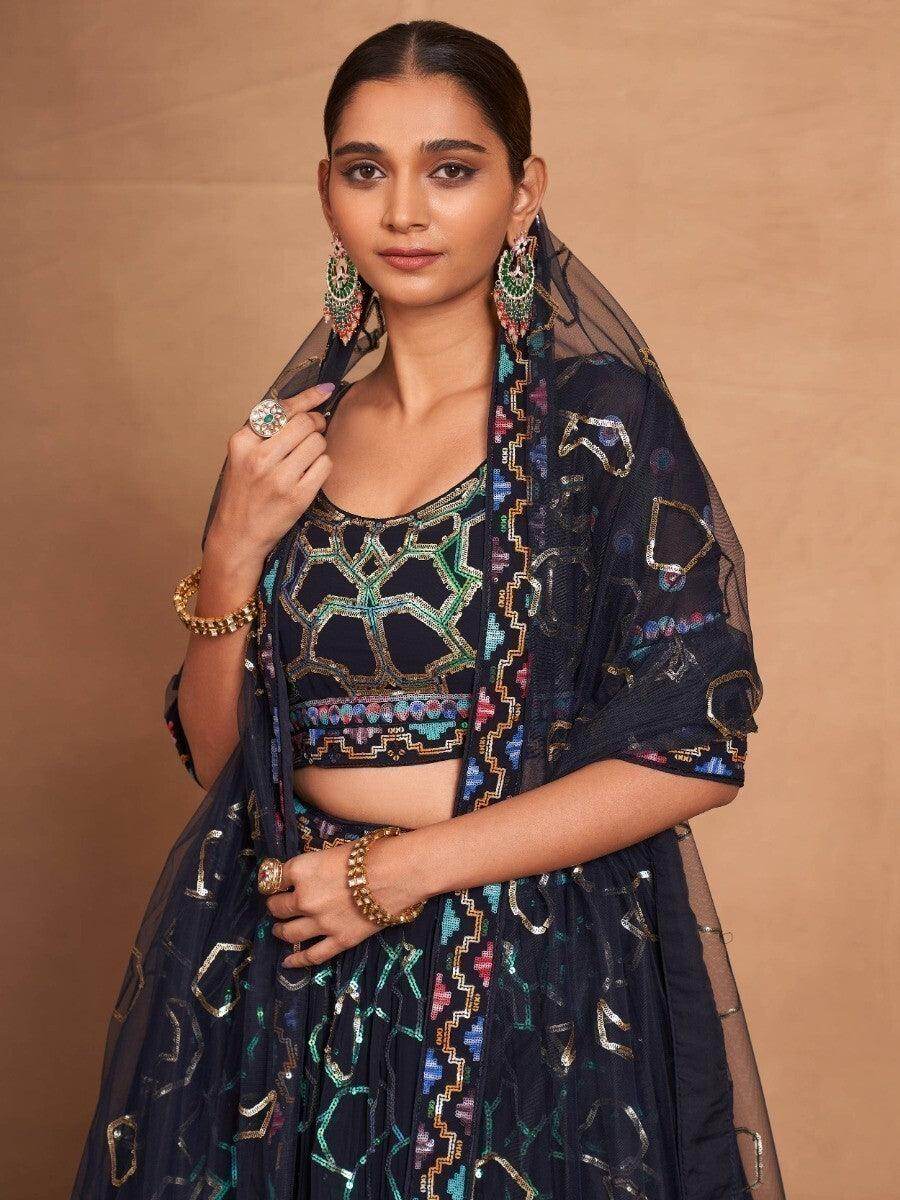Glamorous Navy-Blue Sequins Georgette Reception Wear Lehenga Choli - Zeel Clothing