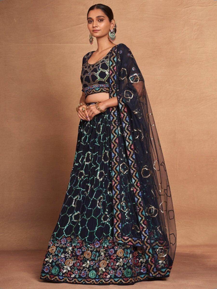 Glamorous Navy-Blue Sequins Georgette Reception Wear Lehenga Choli - Zeel Clothing