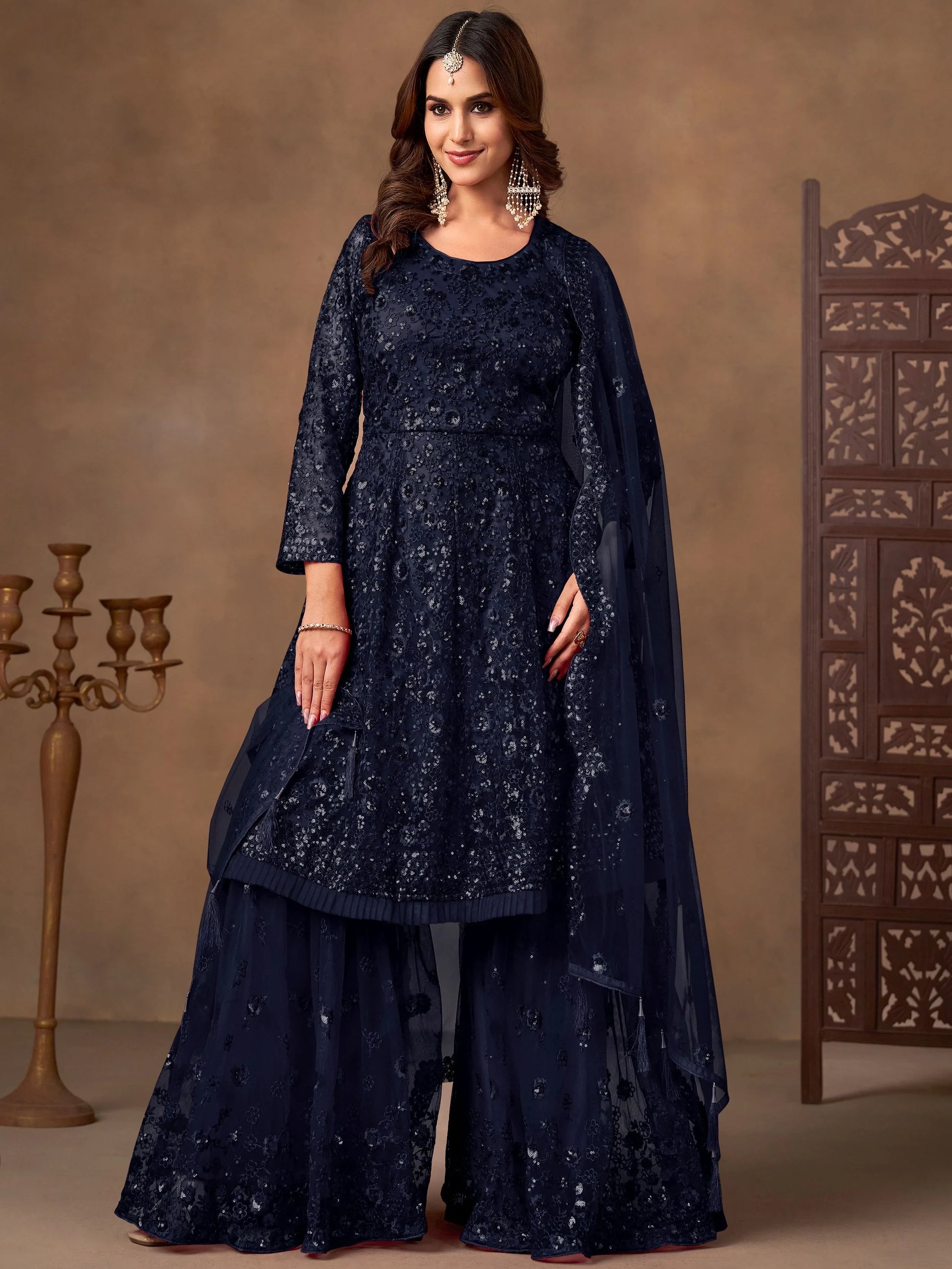 Glamorous Navy Blue Sequins Work Net Festive Wear Sharara Suit