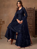 Glamorous Navy Blue Sequins Work Net Festive Wear Sharara Suit