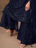 Glamorous Navy Blue Sequins Work Net Festive Wear Sharara Suit