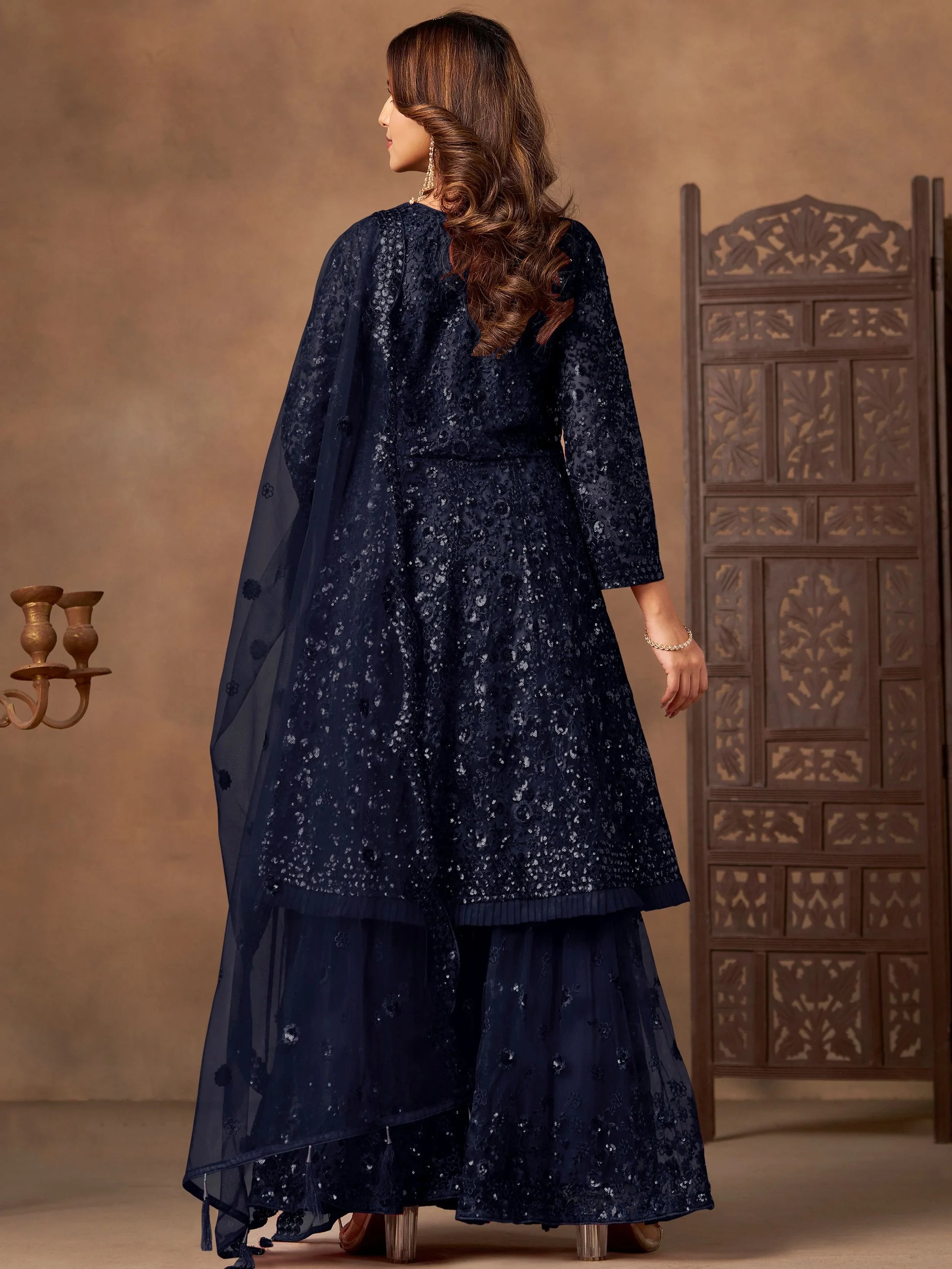 Glamorous Navy Blue Sequins Work Net Festive Wear Sharara Suit