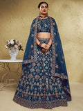 Glamorous Navy Blue Thread Work Slub Silk Wedding Lehenga Choli With Dupatta - Zeel Clothing