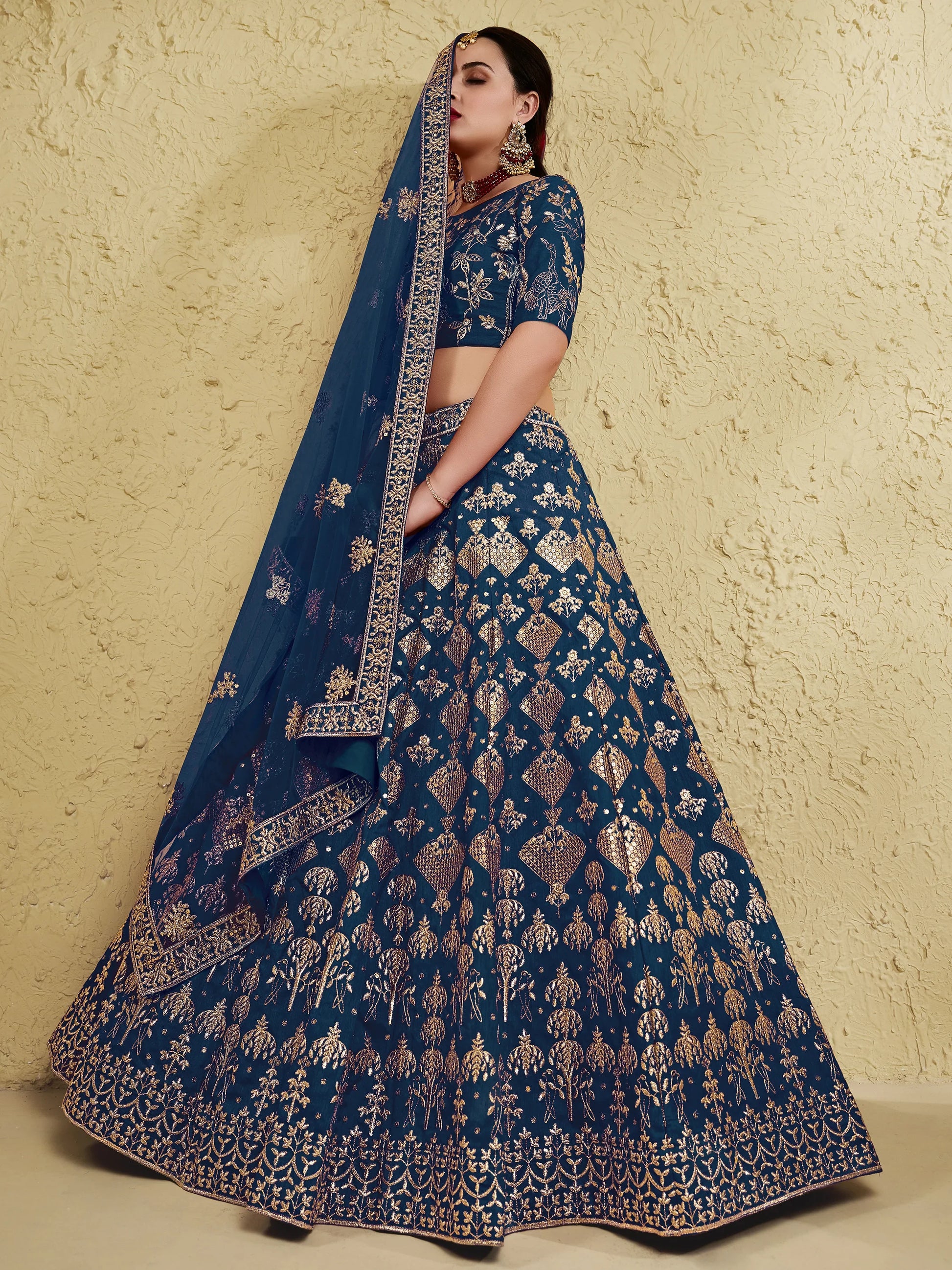 Glamorous Navy Blue Thread Work Slub Silk Wedding Lehenga Choli With Dupatta - Zeel Clothing