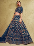 Glamorous Navy Blue Thread Work Slub Silk Wedding Lehenga Choli With Dupatta - Zeel Clothing