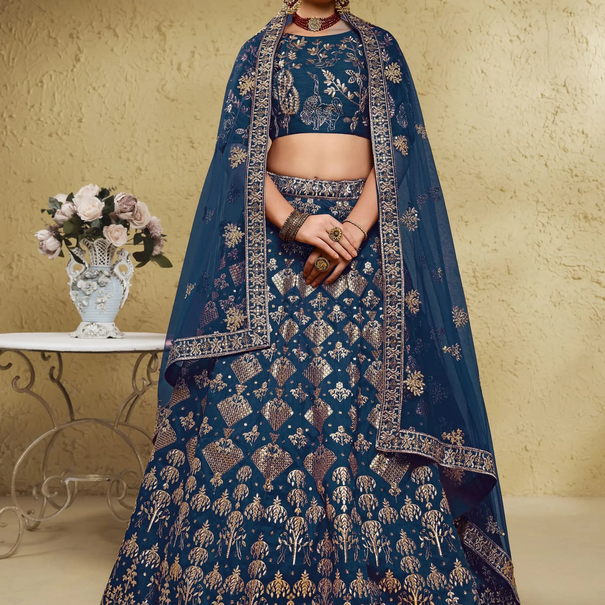 Glamorous Navy Blue Thread Work Slub Silk Wedding Lehenga Choli With Dupatta - Zeel Clothing