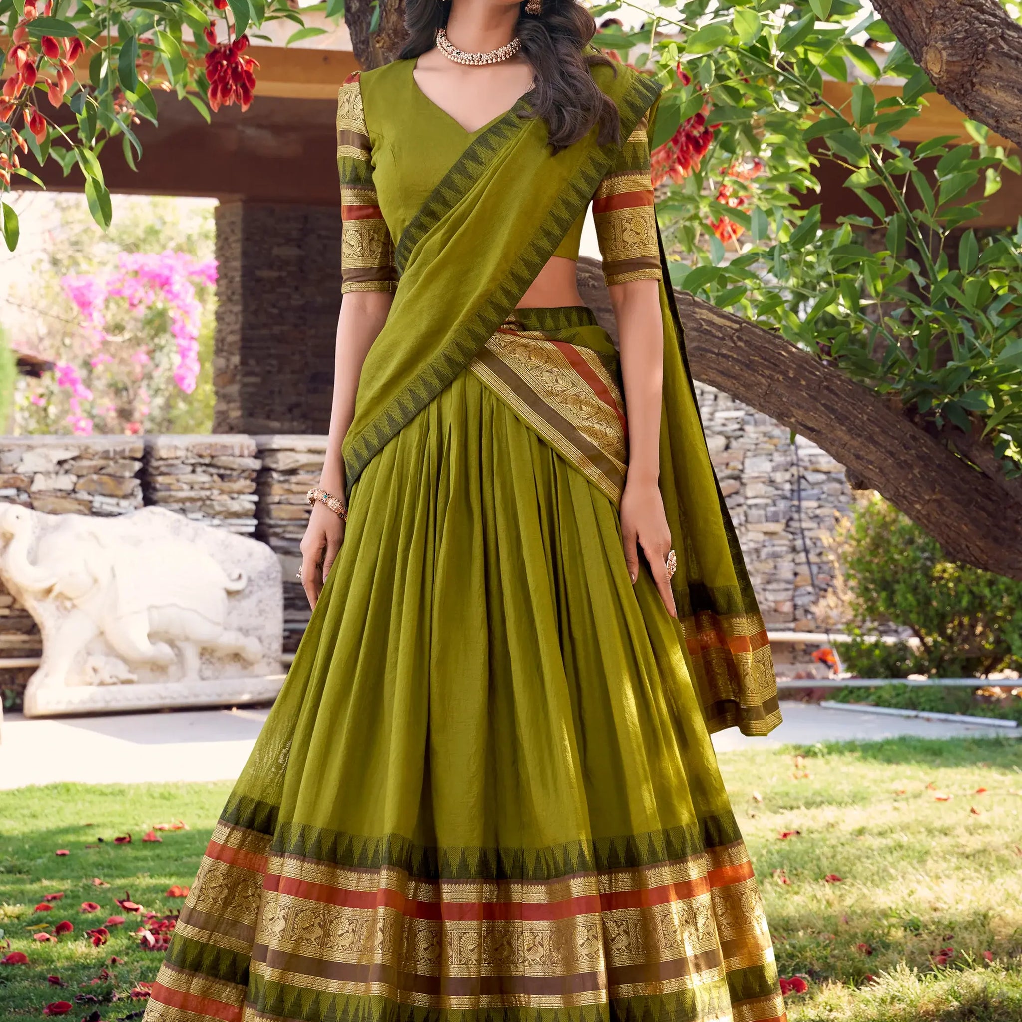 Glamorous Olive Green Zari Weaving Chanderi Half Saree Lehenga - Zeel Clothing