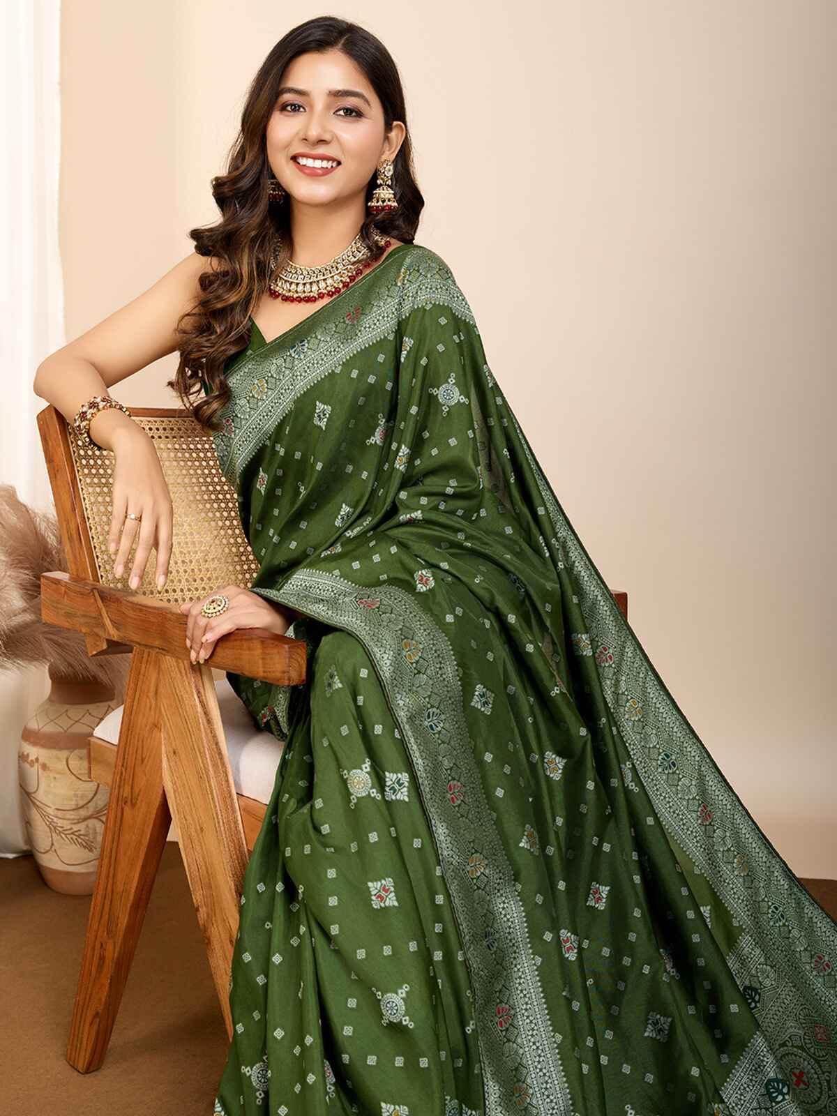 Glamorous Olive Green Zari Weaving Silk Mehendi Wear Saree - Zeel Clothing