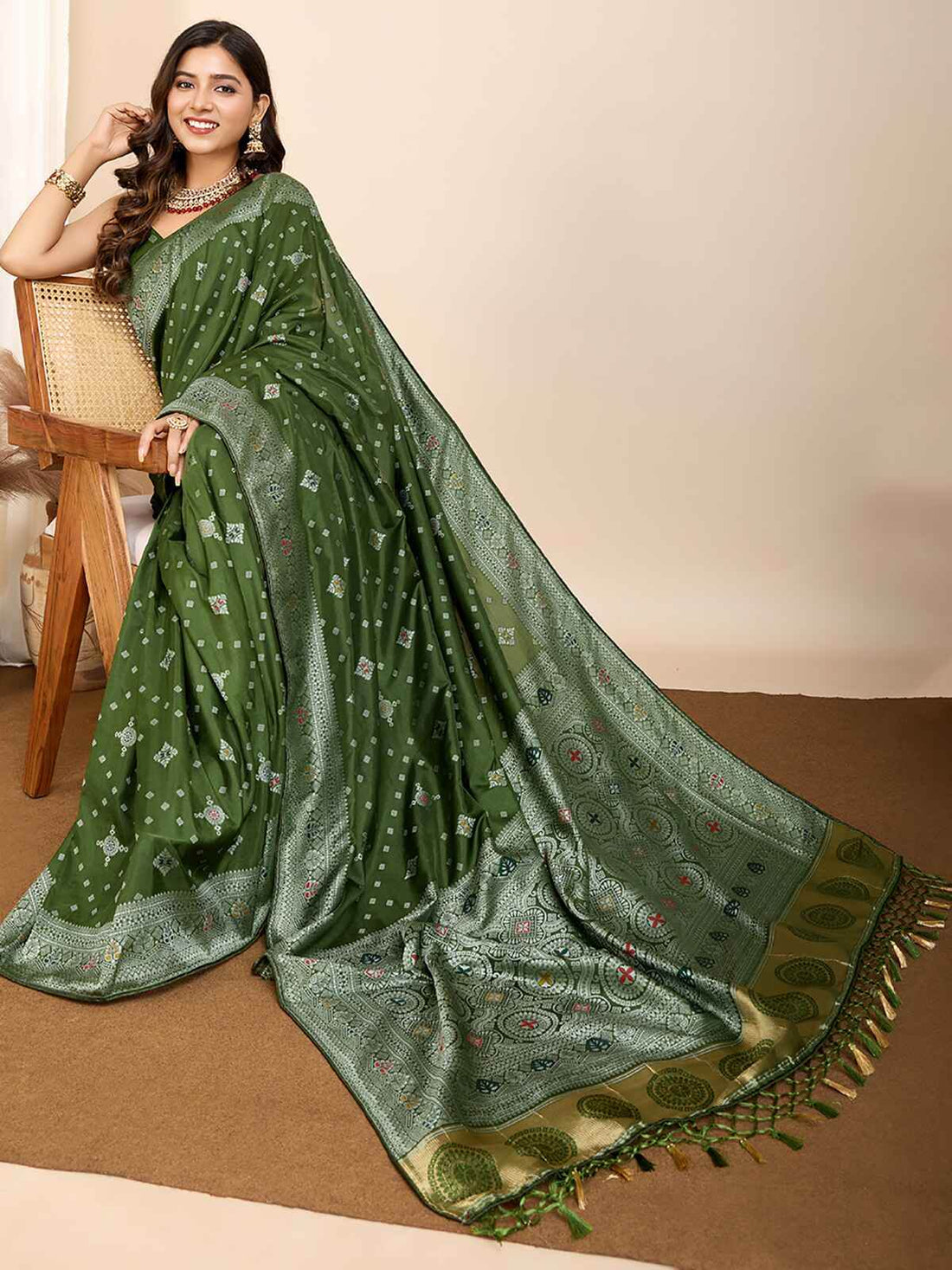 Glamorous Olive Green Zari Weaving Silk Mehendi Wear Saree - Zeel Clothing