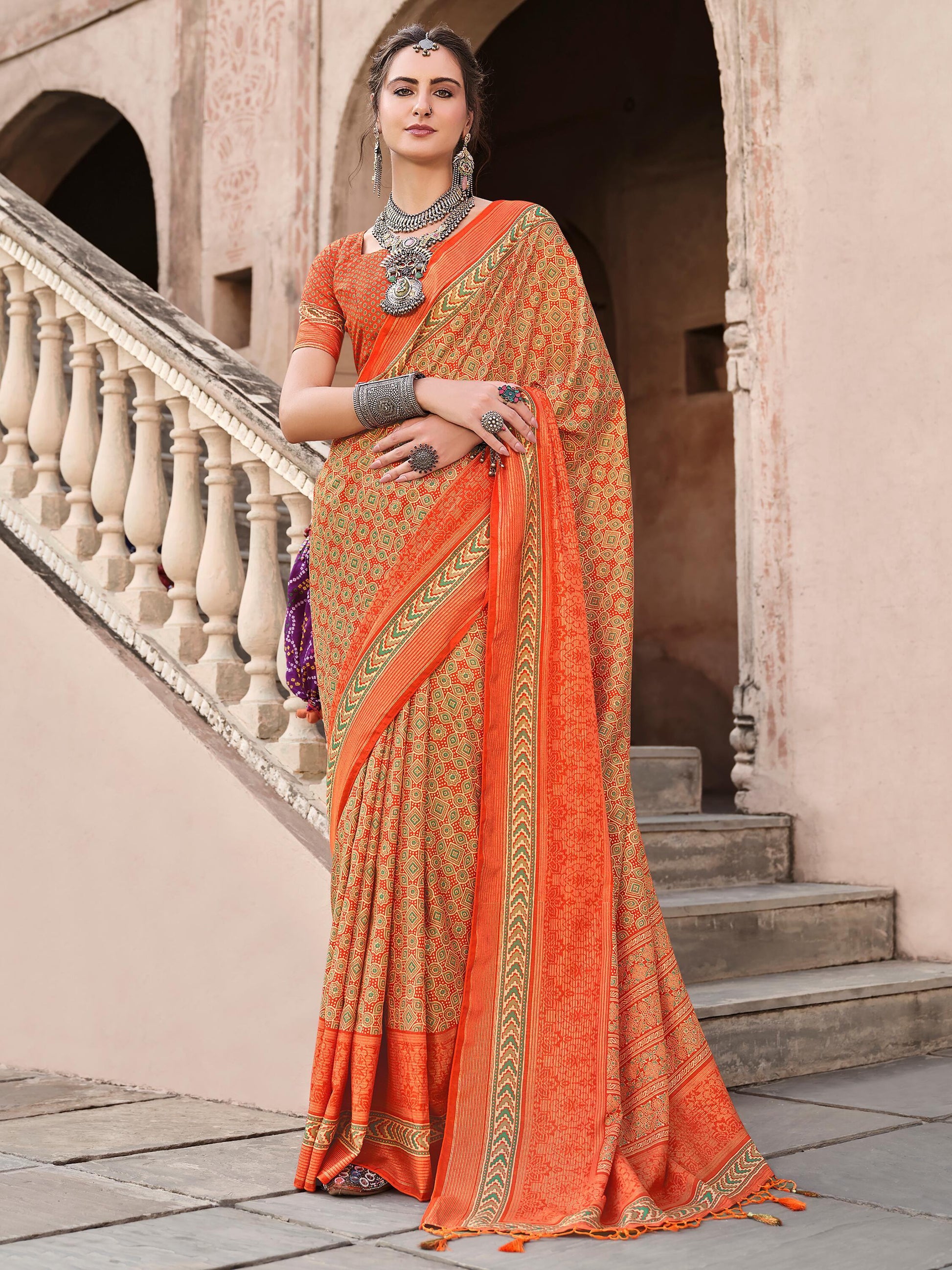 Glamorous Orange Digital Printed Silk Traditional Saree With Blouse - Zeel Clothing