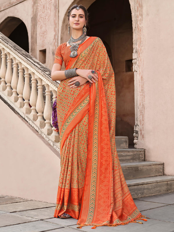 Glamorous Orange Digital Printed Silk Traditional Saree With Blouse - Zeel Clothing