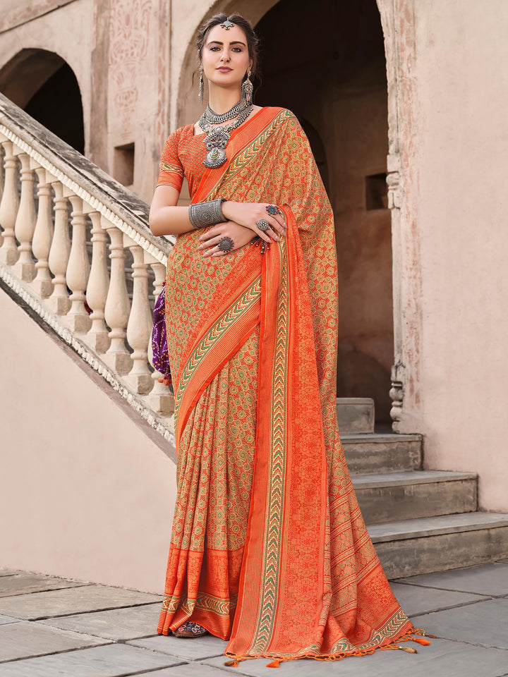 Glamorous Orange Digital Printed Silk Traditional Saree With Blouse - Zeel Clothing