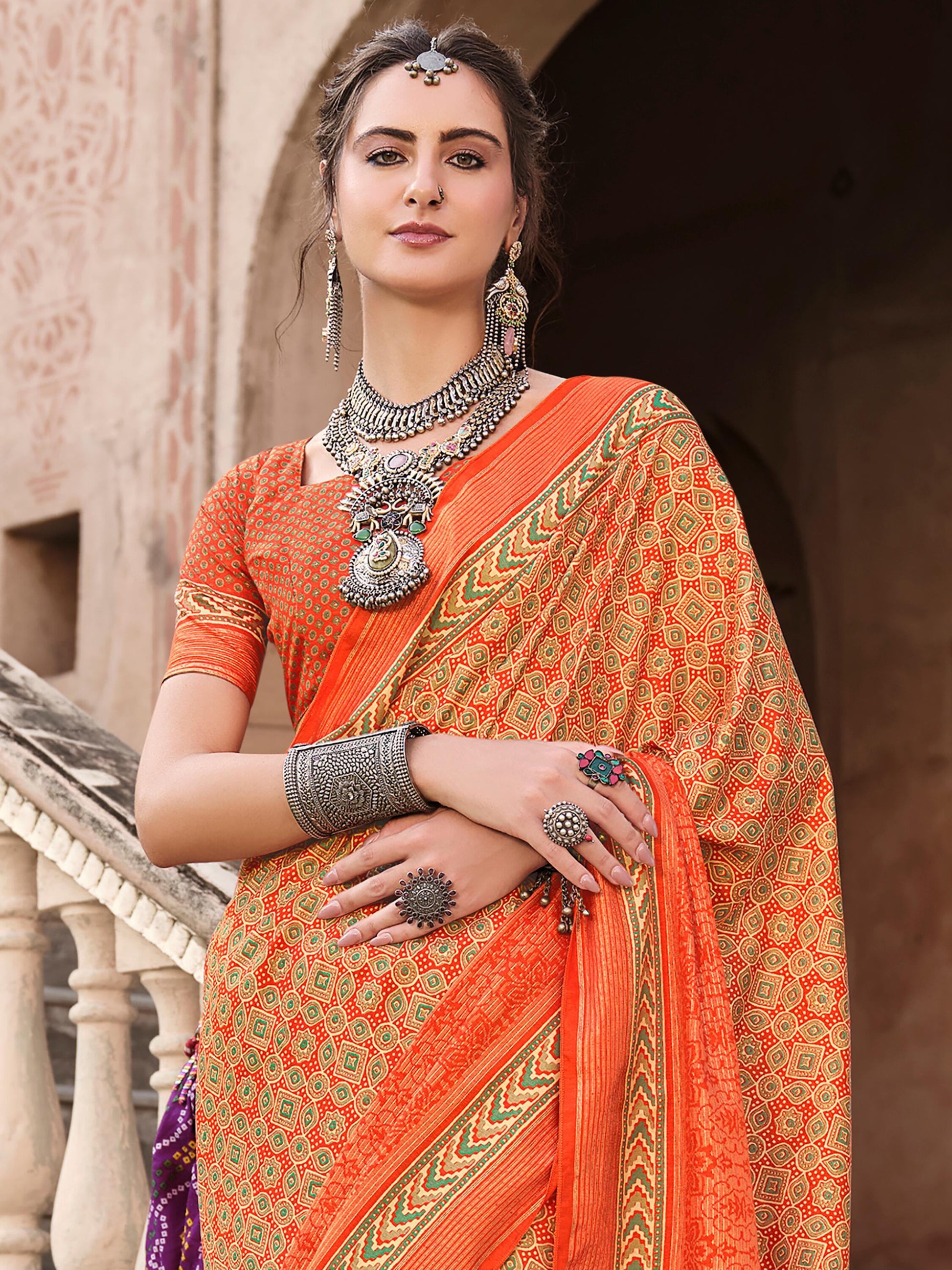 Glamorous Orange Digital Printed Silk Traditional Saree With Blouse - Zeel Clothing