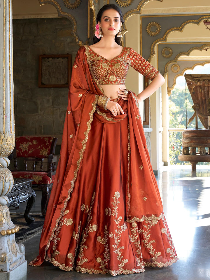 Glamorous Orange Thread Embroidery Silk Wedding Wear Lehenga Choli - Zeel Clothing