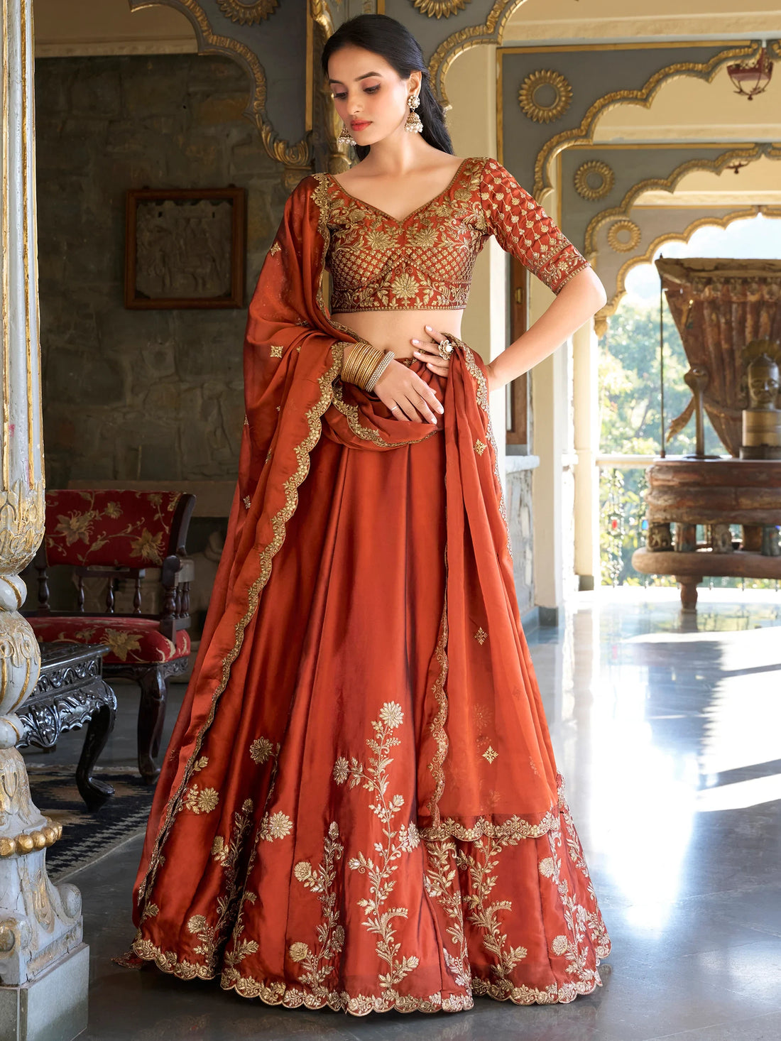 Glamorous Orange Thread Embroidery Silk Wedding Wear Lehenga Choli - Zeel Clothing
