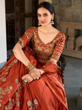 Glamorous Orange Thread Embroidery Silk Wedding Wear Lehenga Choli - Zeel Clothing