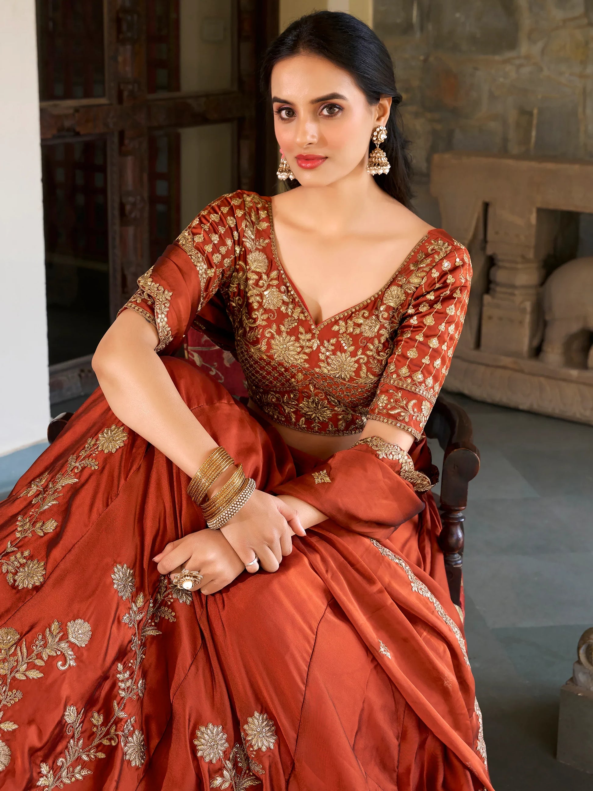 Glamorous Orange Thread Embroidery Silk Wedding Wear Lehenga Choli - Zeel Clothing