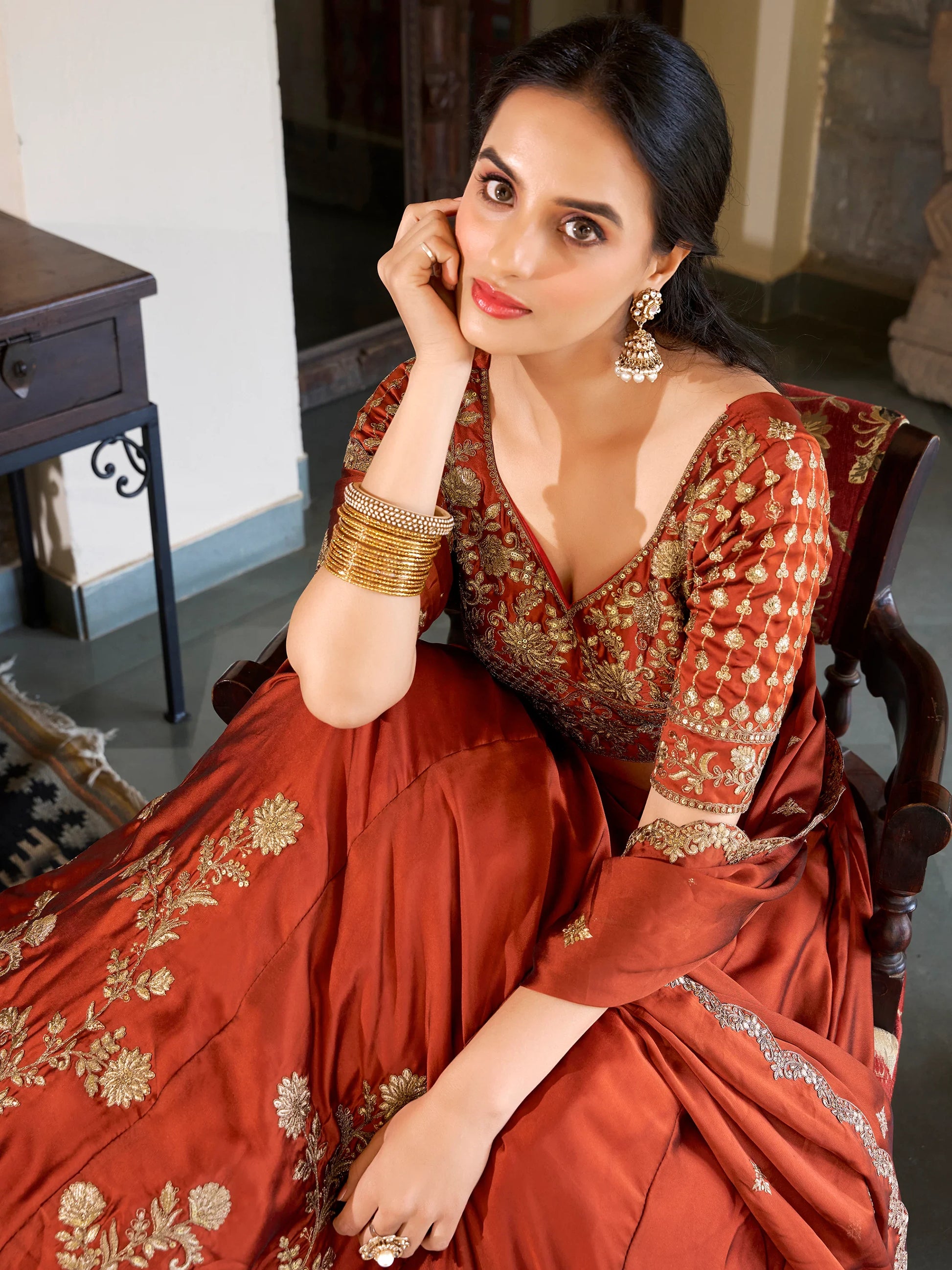 Glamorous Orange Thread Embroidery Silk Wedding Wear Lehenga Choli - Zeel Clothing