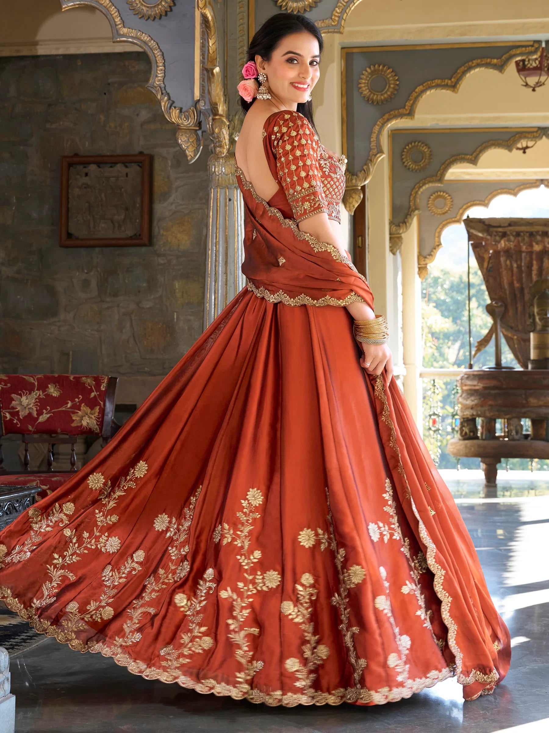Glamorous Orange Thread Embroidery Silk Wedding Wear Lehenga Choli - Zeel Clothing