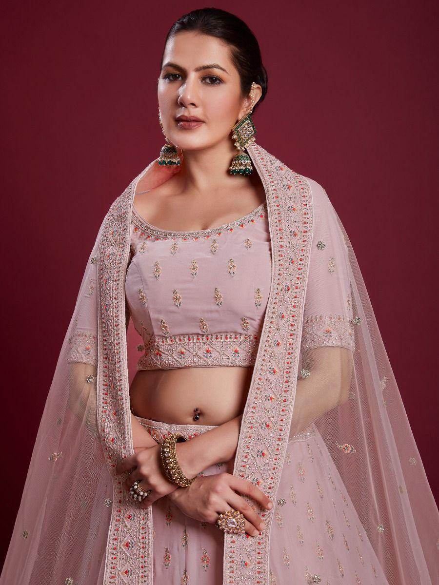 Glamorous Peach Embroidered Georgette Wedding Wear Lehenga Choli - Zeel Clothing