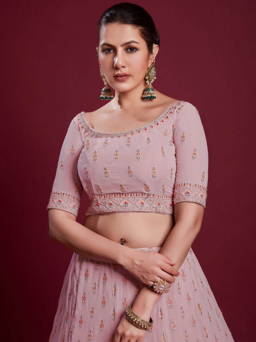 Glamorous Peach Embroidered Georgette Wedding Wear Lehenga Choli - Zeel Clothing