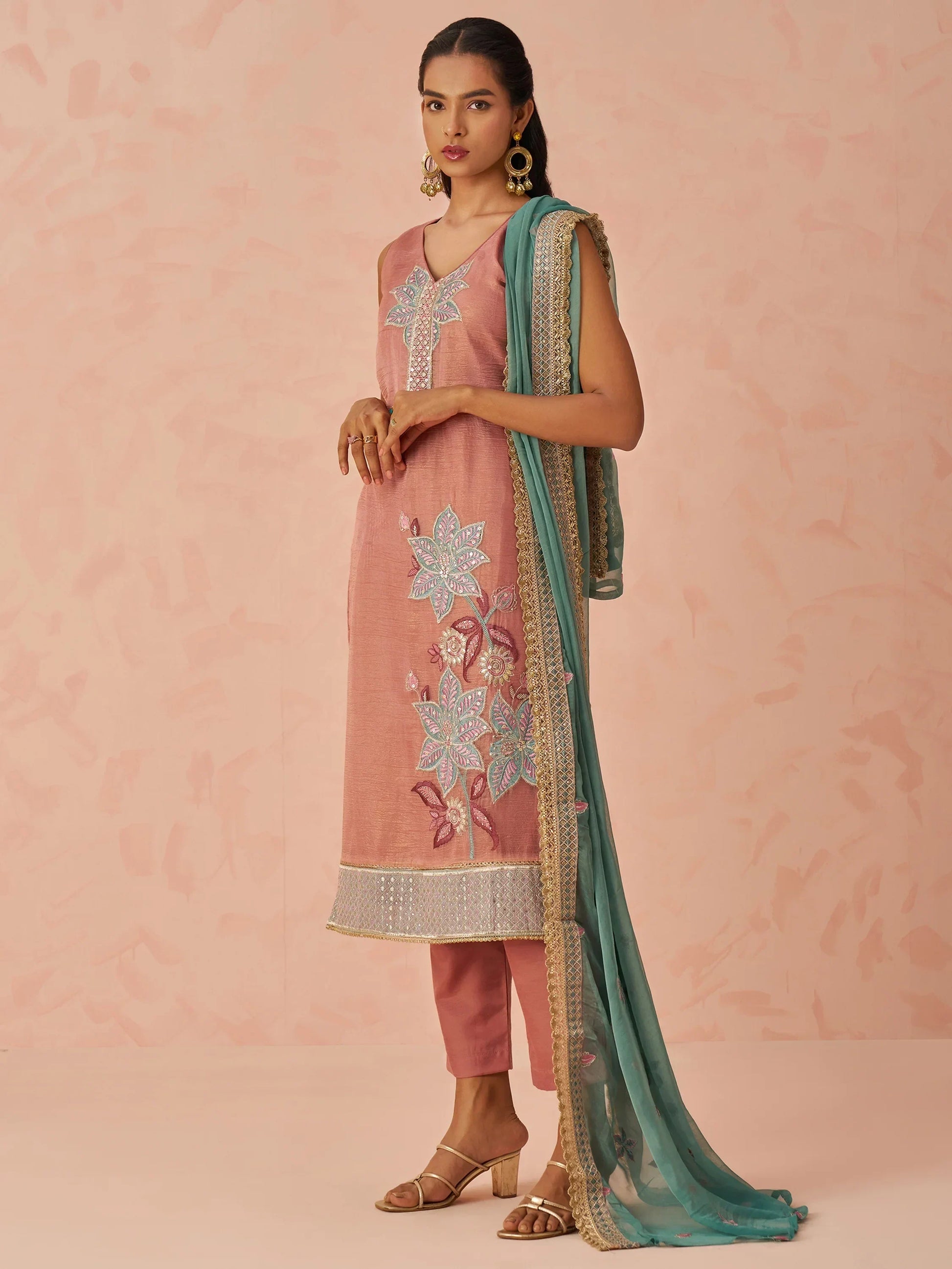 Glamorous Peach Floral Embroidered Silk Pant Suit With Dupatta - Zeel Clothing