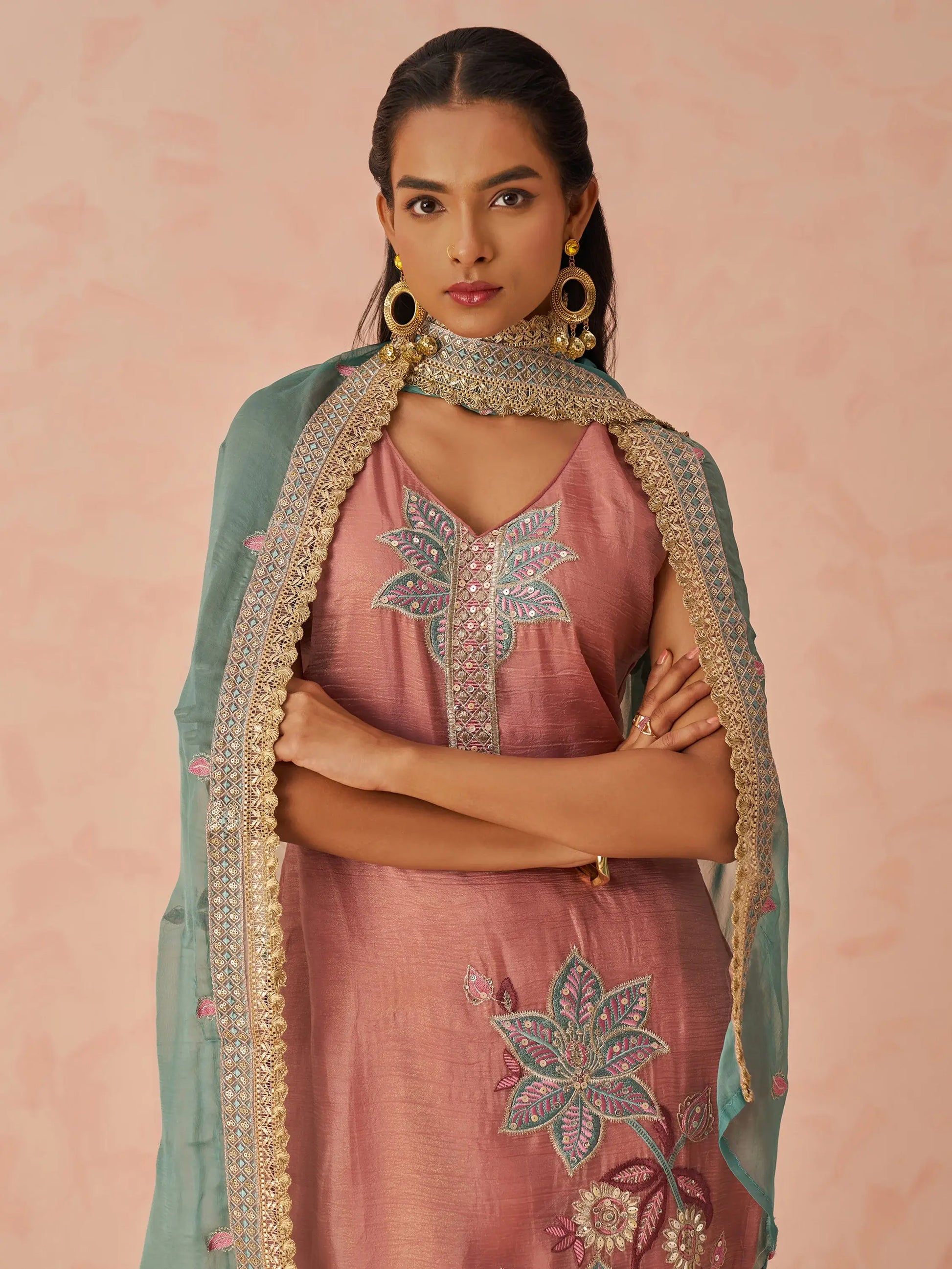 Glamorous Peach Floral Embroidered Silk Pant Suit With Dupatta - Zeel Clothing