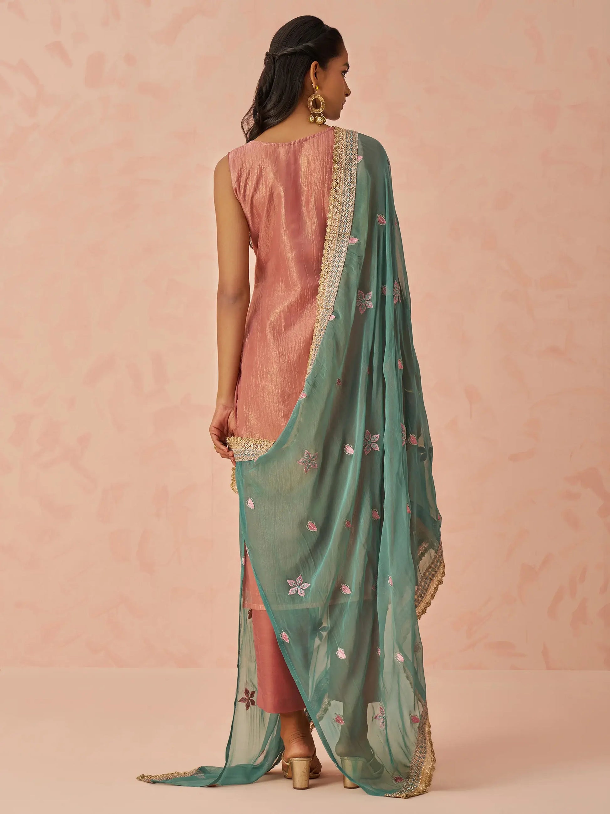 Glamorous Peach Floral Embroidered Silk Pant Suit With Dupatta - Zeel Clothing