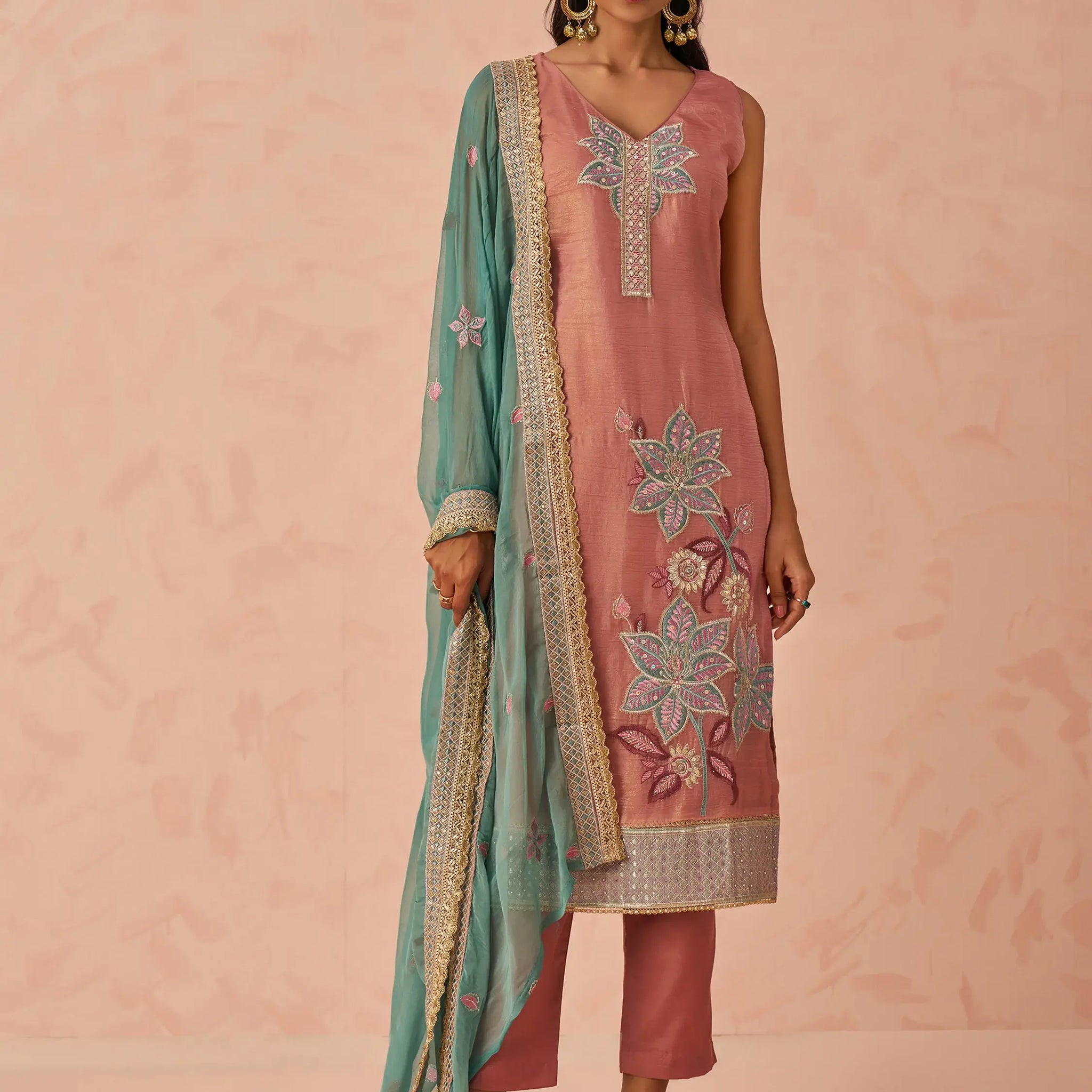 Glamorous Peach Floral Embroidered Silk Pant Suit With Dupatta - Zeel Clothing