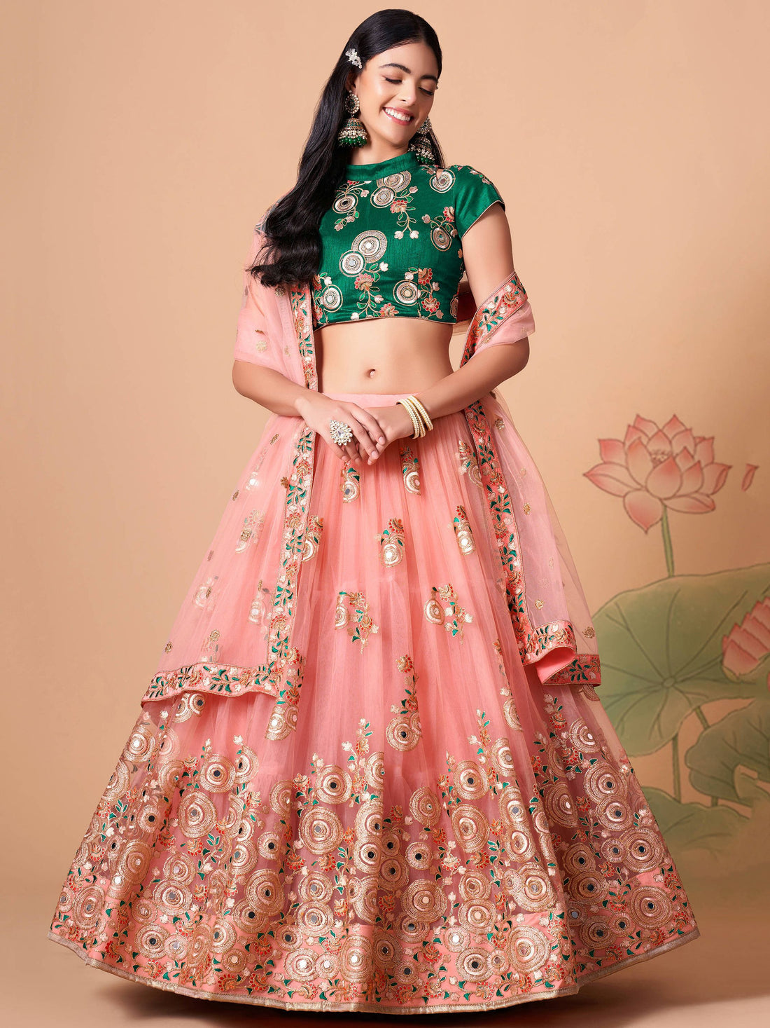 Glamorous Peach Mirror Work Net Wedding Wear Lehenga Choli - Zeel Clothing