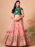 Glamorous Peach Mirror Work Net Wedding Wear Lehenga Choli - Zeel Clothing