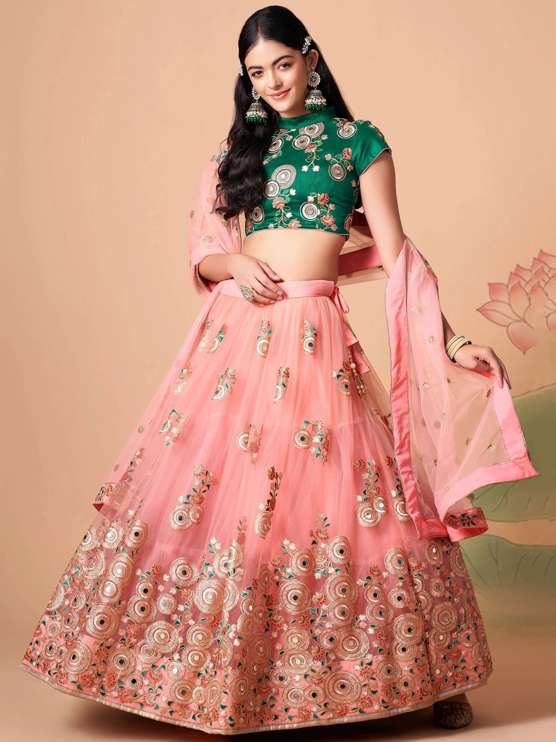 Glamorous Peach Mirror Work Net Wedding Wear Lehenga Choli - Zeel Clothing