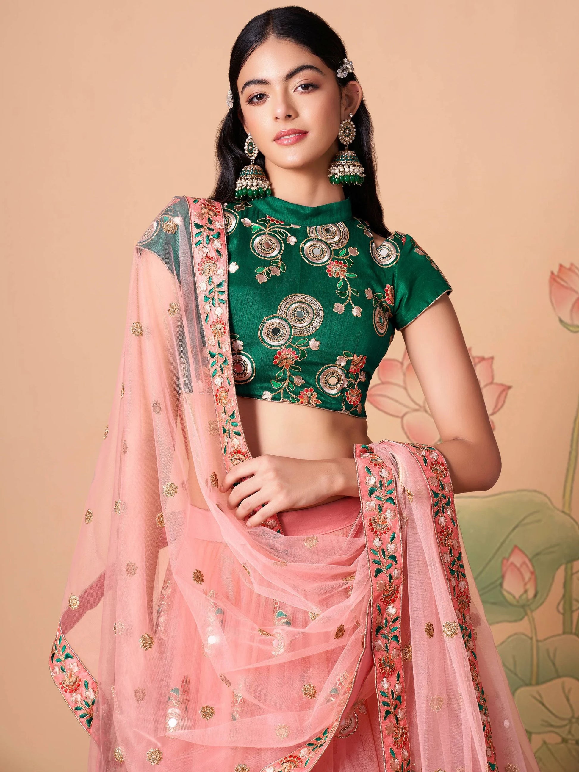 Glamorous Peach Mirror Work Net Wedding Wear Lehenga Choli - Zeel Clothing