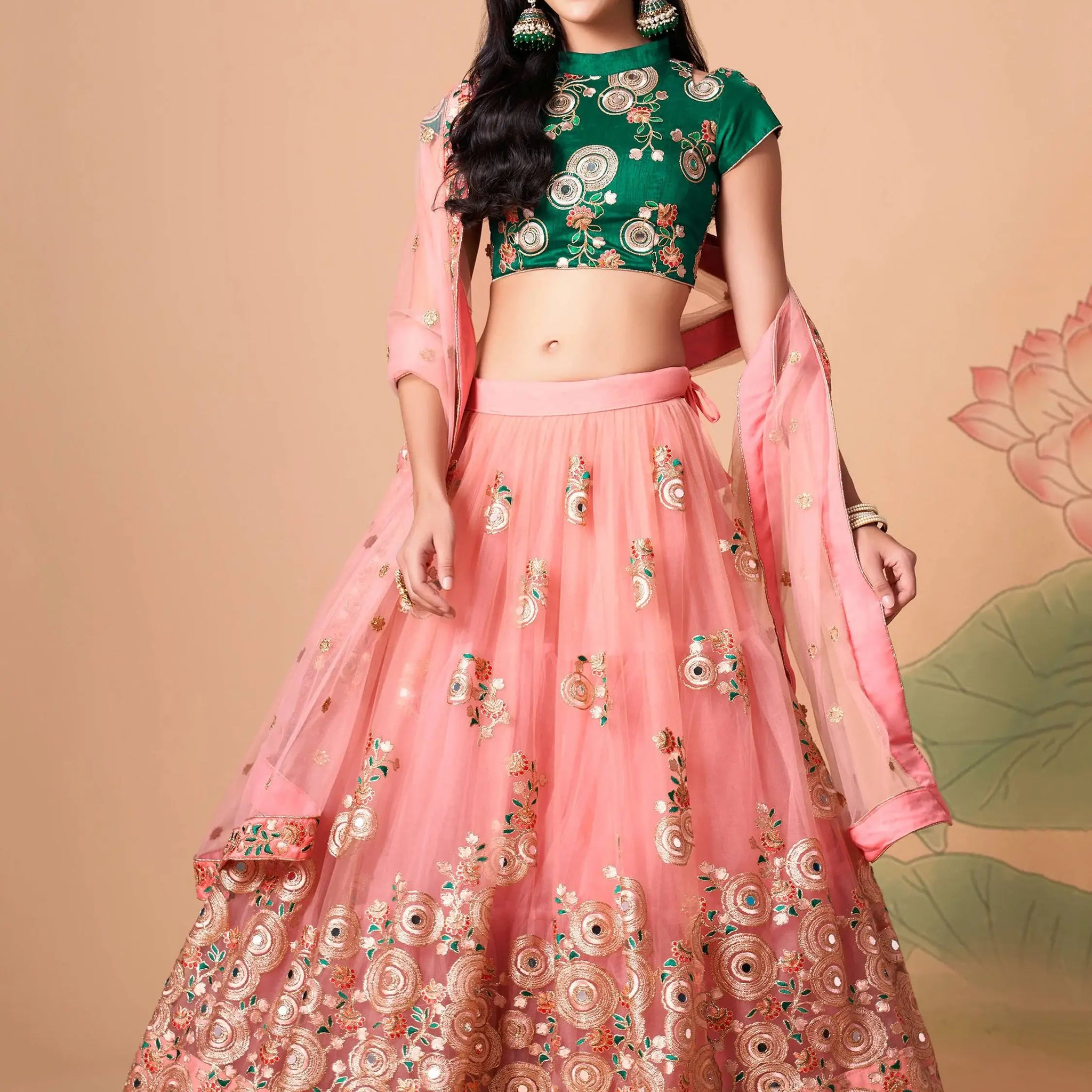 Glamorous Peach Mirror Work Net Wedding Wear Lehenga Choli - Zeel Clothing