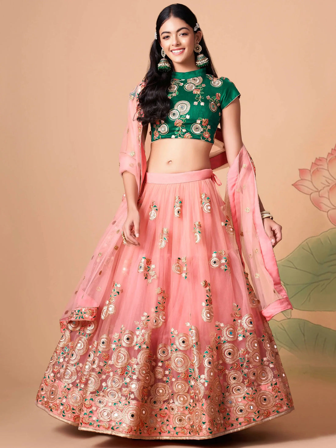 Glamorous Peach Mirror Work Net Wedding Wear Lehenga Choli - Zeel Clothing
